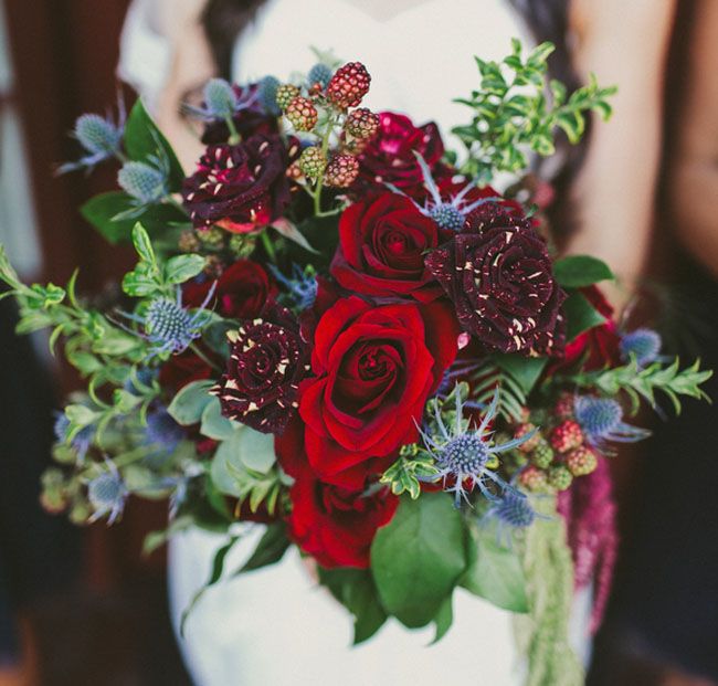 deep red and blue wedding bouquet