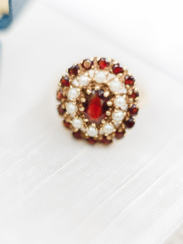 deep red and white with gold ring