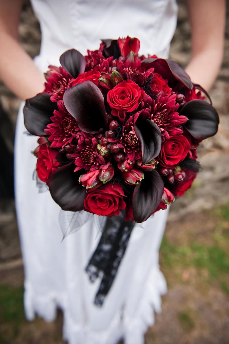 deep red roses and lily wedding bouquet