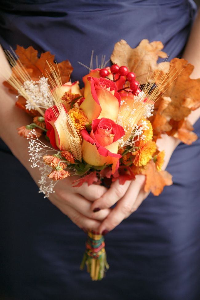 fall wedding bouquet with wheat and fall leaves