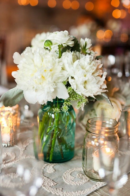 flowers in the blue mason jar