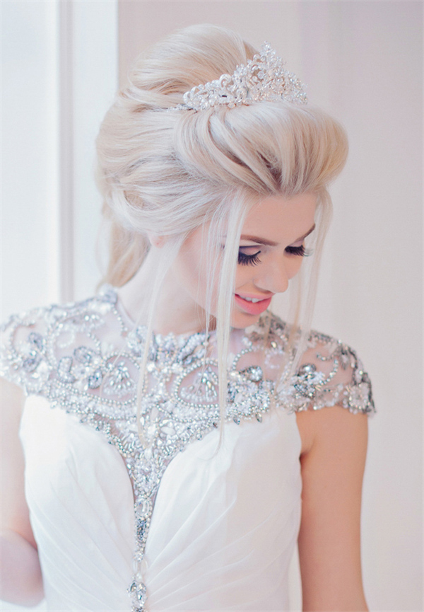 half up half down wedding hairstyle with crown and vintage wedding dress
