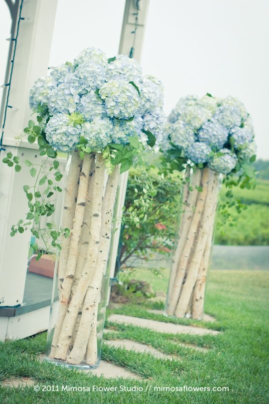 hydrangeas on top of birch wedding decor ideas