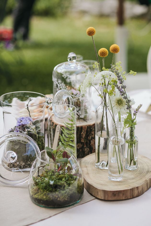 jars full of succulents and wildflowers wedding centerpieces