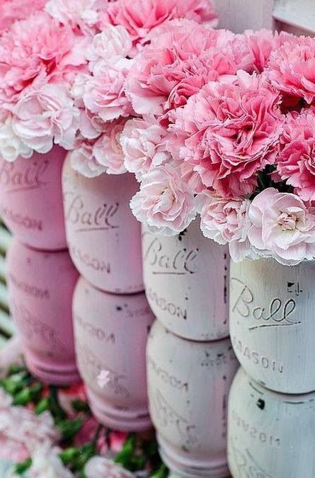 lovely painted mason jars with pink carnations