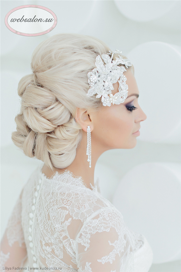 low wedding updo hairstyle with lace headpieces