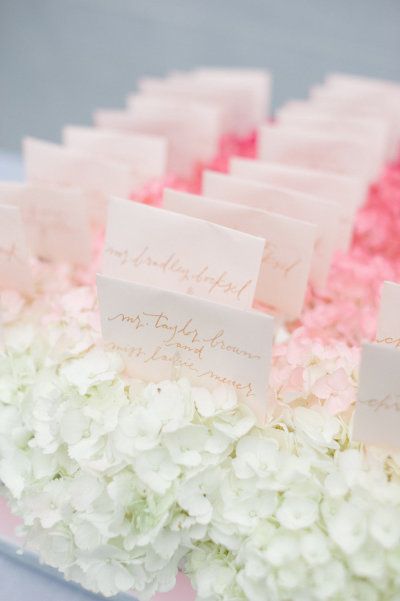 ombre hydrangeas used as a bed to hold escort cards