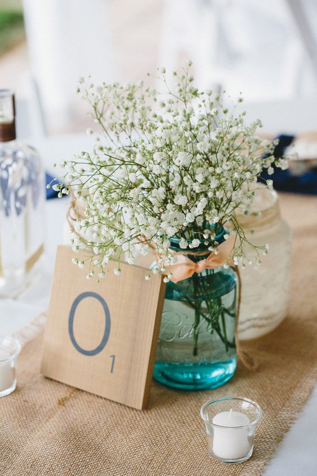 Something Blue: 45 Rustic Blue Mason Jars Wedding Ideas 7 over-sized scrabble tiles as table numbers with baby's breath in blue mason jar