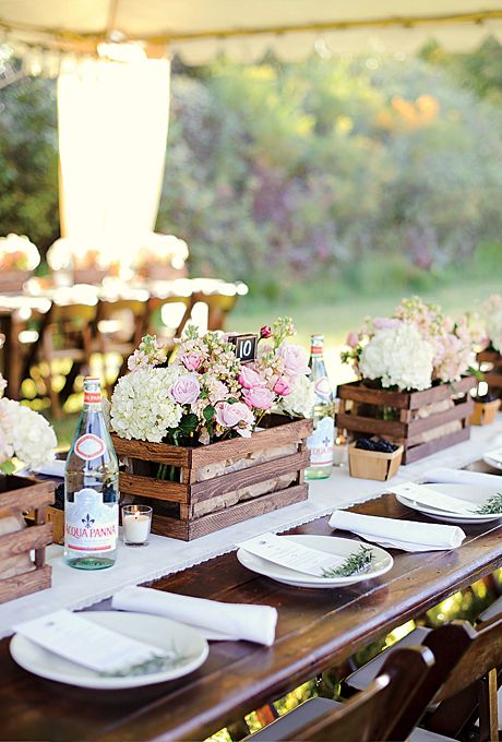 pastel flowers in wooden box wedding centerpiece