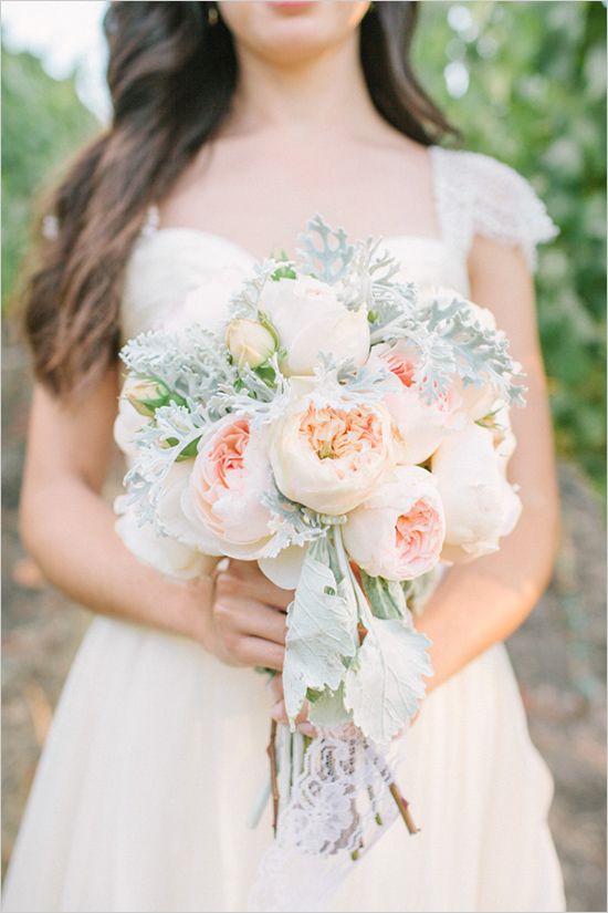 peach garden rose and dusty miller bouquet