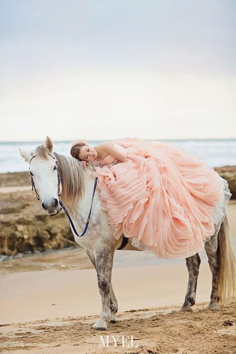 peach ruffles wedding dress