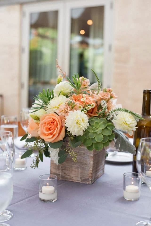 peach, white, ivory, green, succulents wedding centerpiece