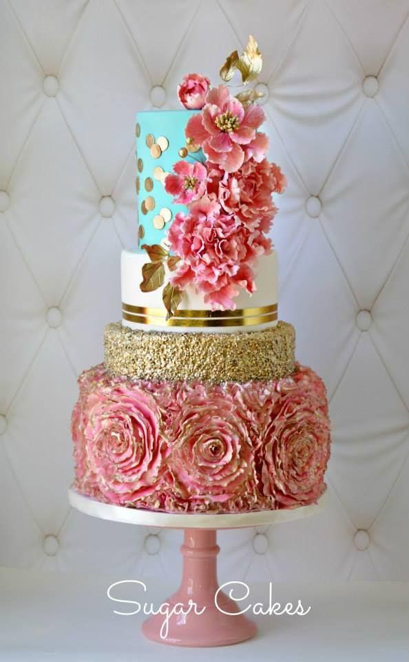 pink gold and tiffany blue floral wedding cake