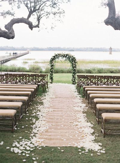 rustic burlap and peach petals wedding runner