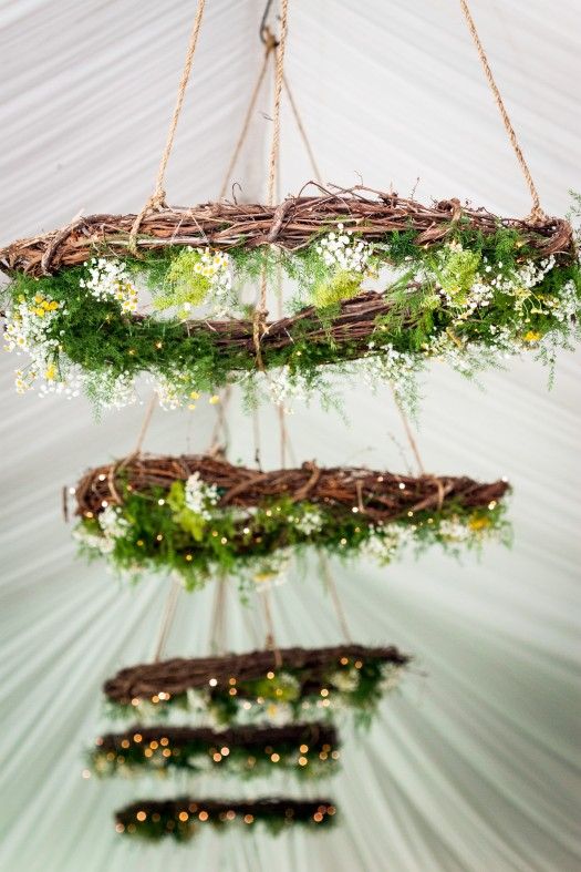 rustic green wedding wreath chandeliers