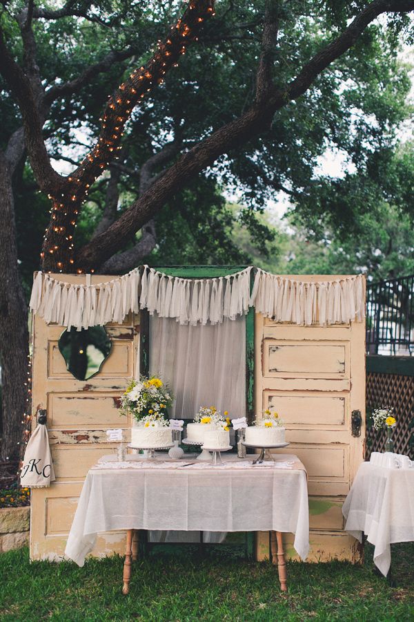 rustic old door backyard cake table