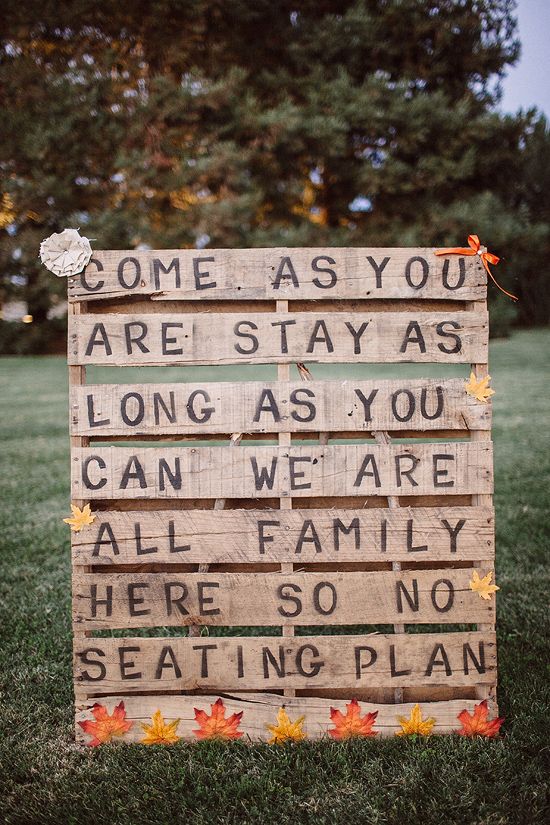 rustic wedding sign with fall leaves