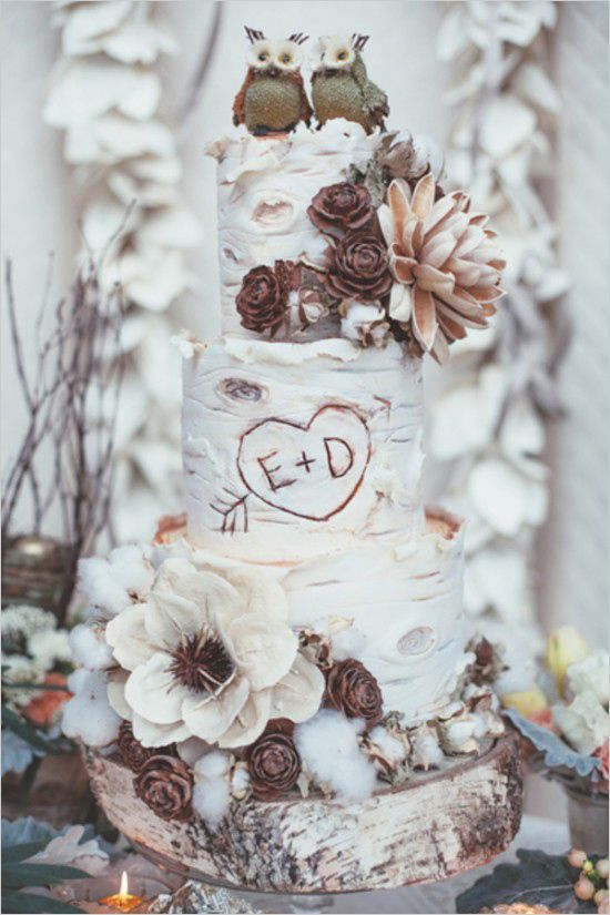 rustic winter birch wedding cake