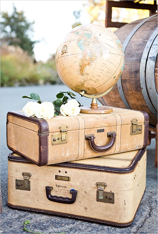 suitcases and globe wedding decor