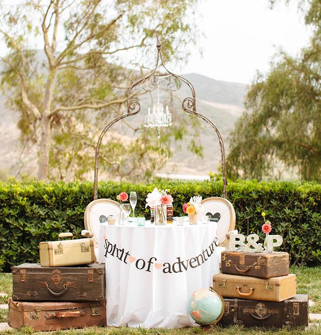 travel themed wedding vintage suitcase table decor adventure