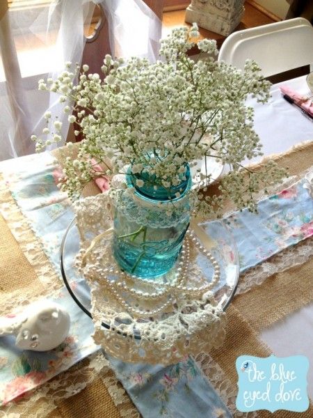 vintage pearls baby's breath and blue mason jar wedding decor