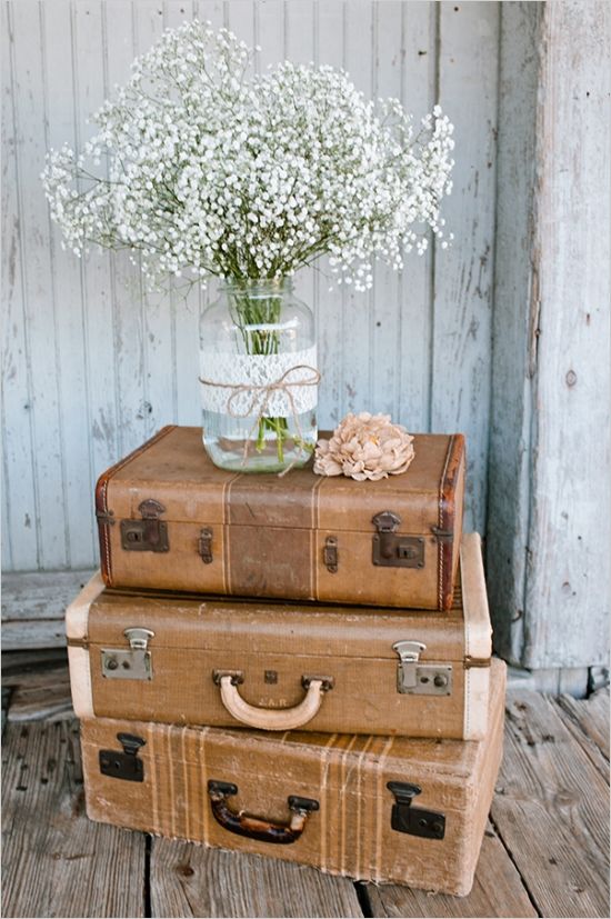 vintage suitcases and babys breath bouquet
