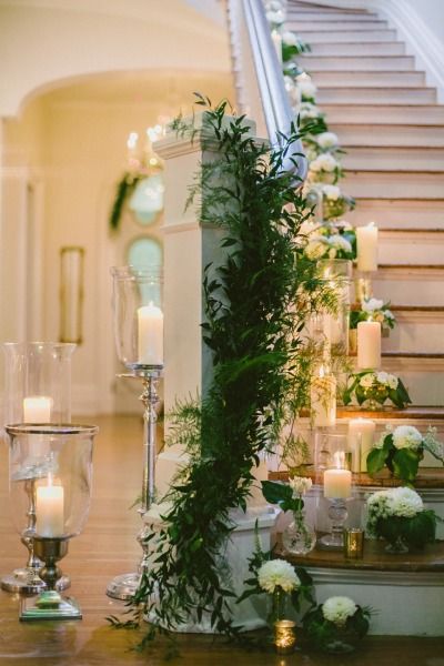wedding staircase decor with white candles