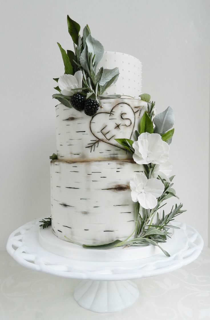 white and black birch wedding cake