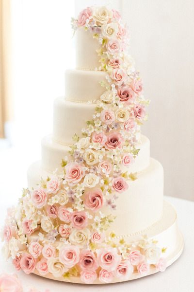 white wedding cake decorated with sugar flowers