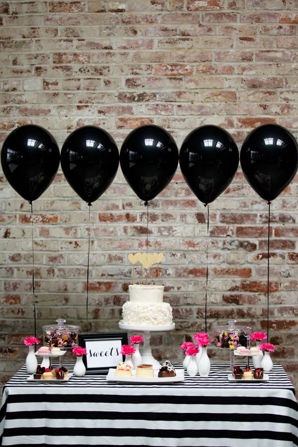 Black white and pink dessert display ideas with black giant ballons