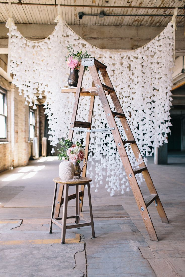 DIY Wax Paper and Vintage Ladder Wedding Backdrop