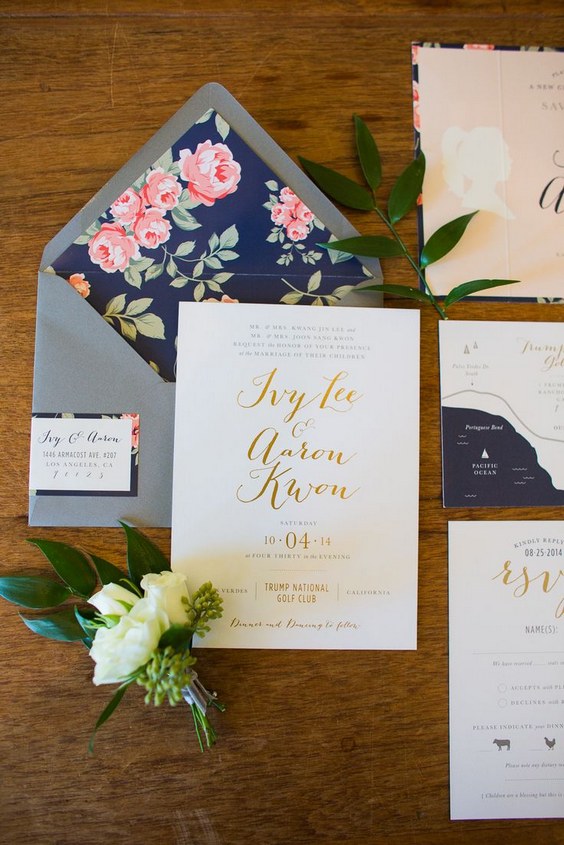 Gold and Navy Floral Wedding Invitations