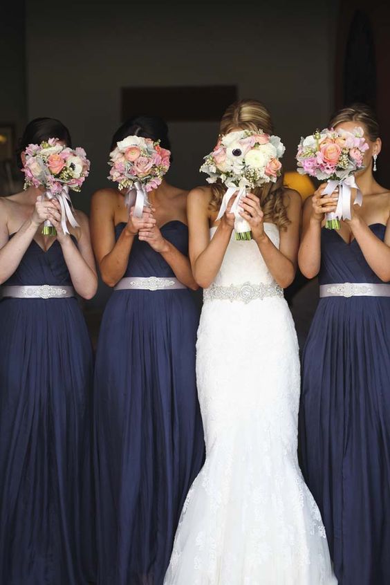 Navy bridesmaid Dresses and Blush Bouquets