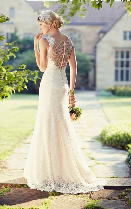 Sweetheart neckline wedding dresses from Essense of Australia featuring delicate shoulder straps, a gorgeous illusion back and sweep train