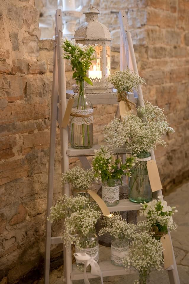 baby's breath in lace mason jar on rustic ladder wedding decotr ideas