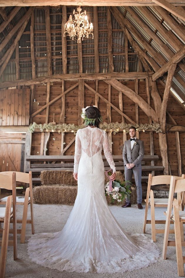 barn wedding decor ideas and winter long sleeves wedding dress
