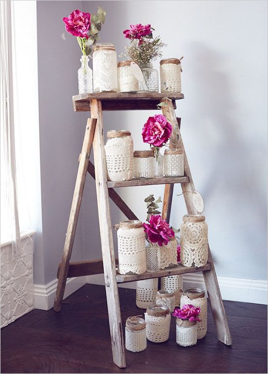 40 Chic Ways to Use Ladder on Rustic / Country Weddings 29 mason jars on ladder wedding ideas