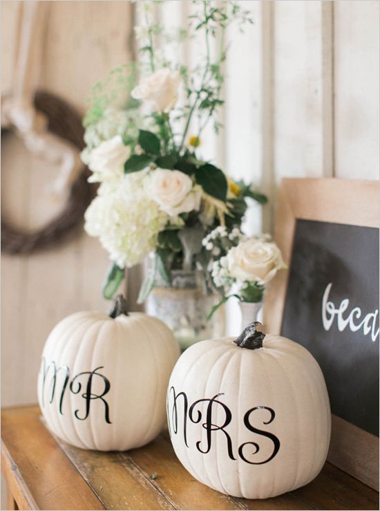 50 Chic Fall Pumpkin Wedding Decor Ideas 2024 22 mr and mrs white pumpkins wedding decor