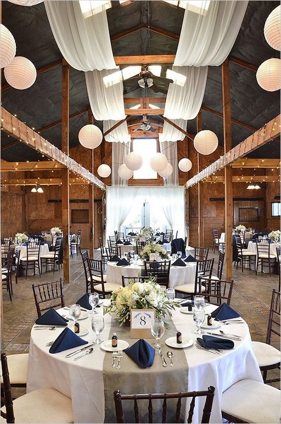 navy and white wedding decor with a splash of burlap
