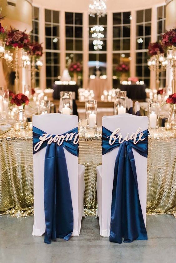 navy blue and gold bride and groom wedding chair ideas