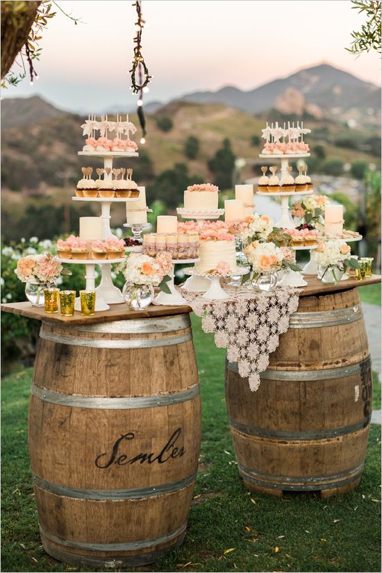 shabby chic wine barrels wedding dessert table ideas