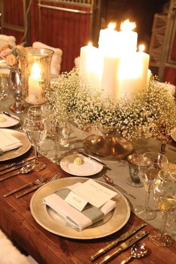 Baby’s Breath and Candles winter wedding table setting