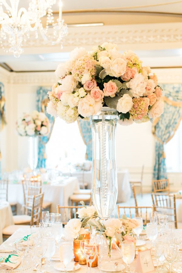 Ballroom pastel flowers tall wedding centerpiece