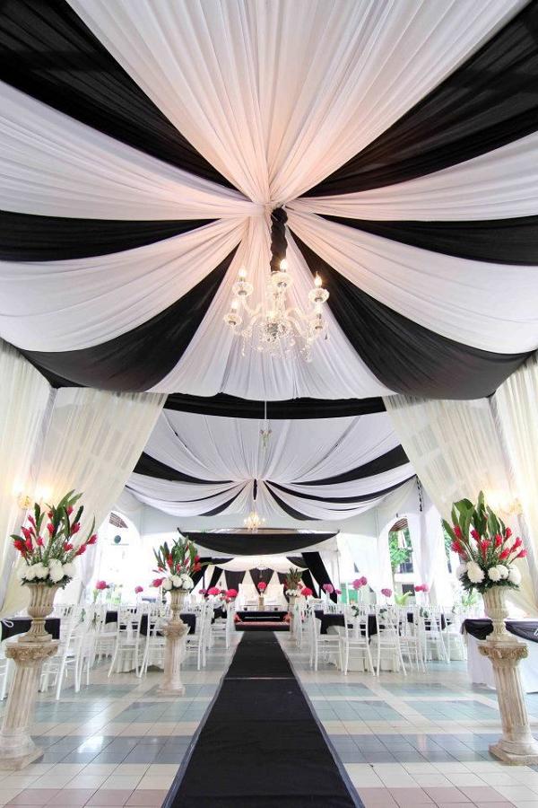 Black and white ceiling satin drapery wedding decor