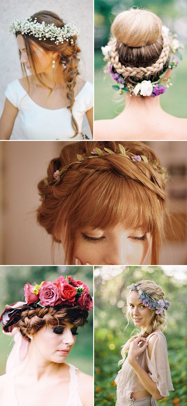 Boho romantic wedding braids hairstyles with flower crown