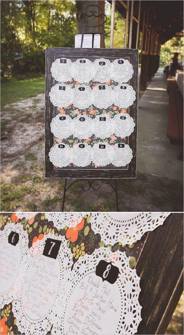 Doily and floral seating chart board for a shabby chic reception