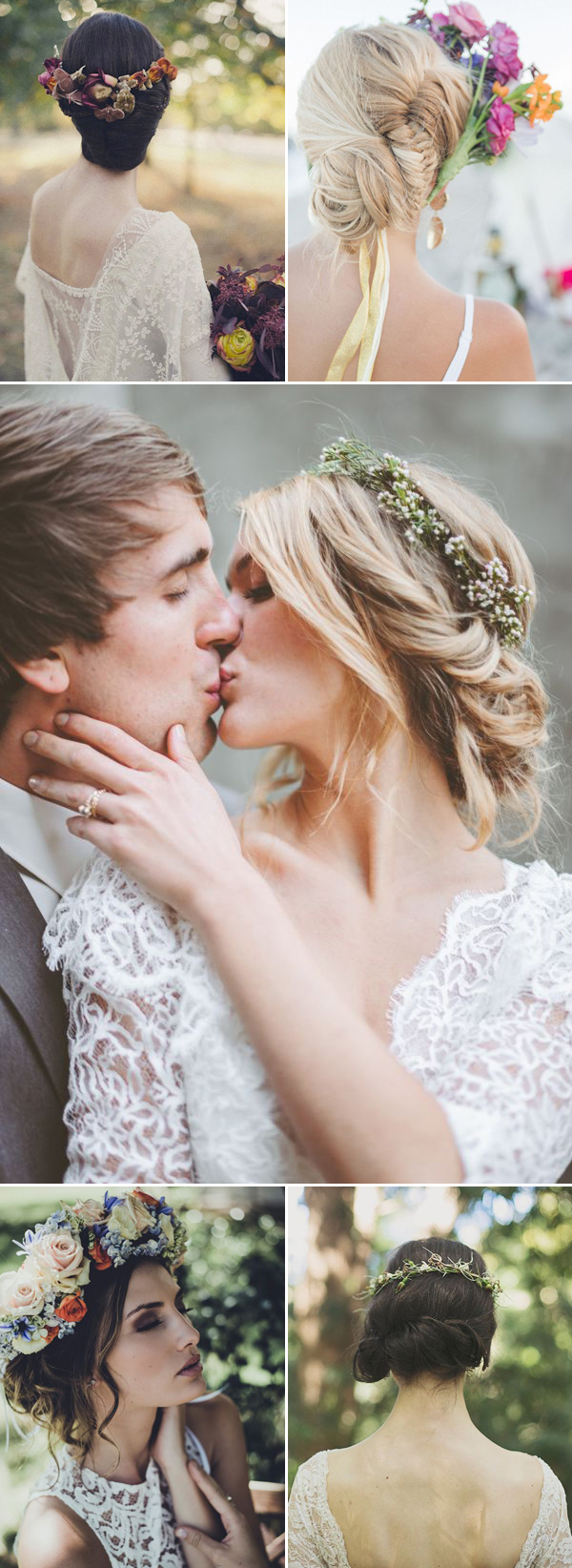 Elegant low wedding updo with flower crown