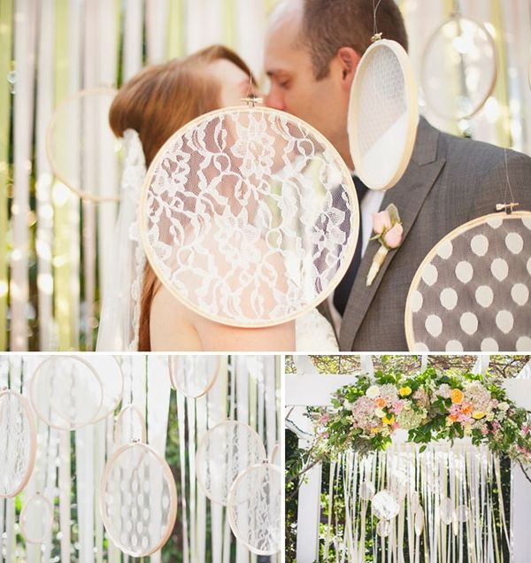 Embroidery hoops with lace boho wedding backdrop