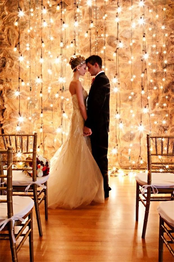 Indoor Edison bulb rustic wedding backdrop decor