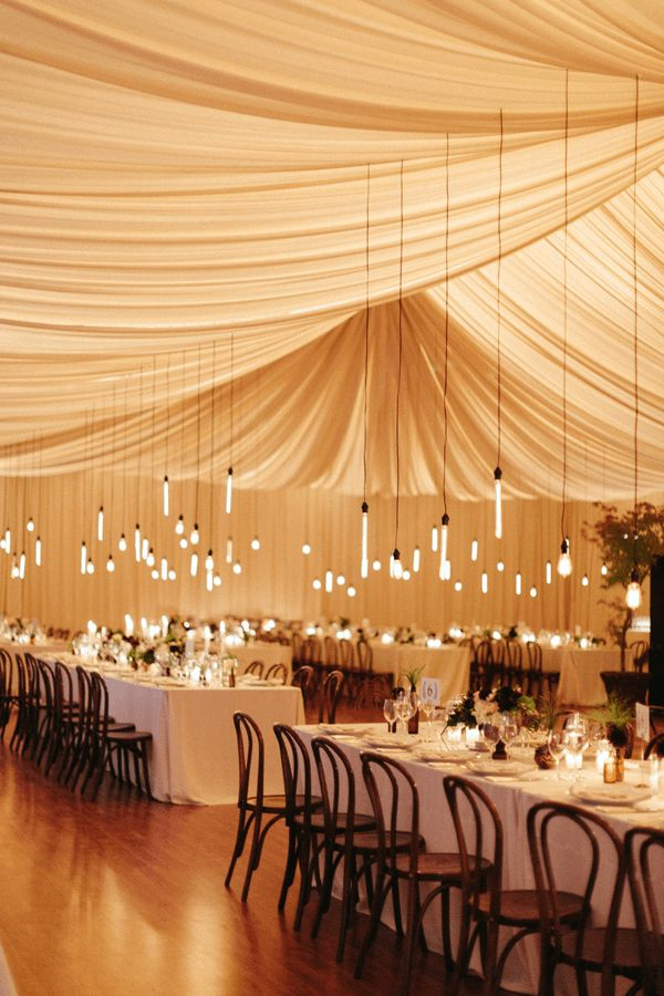 Indoor low-hanging Edison bulb wedding decor ideas